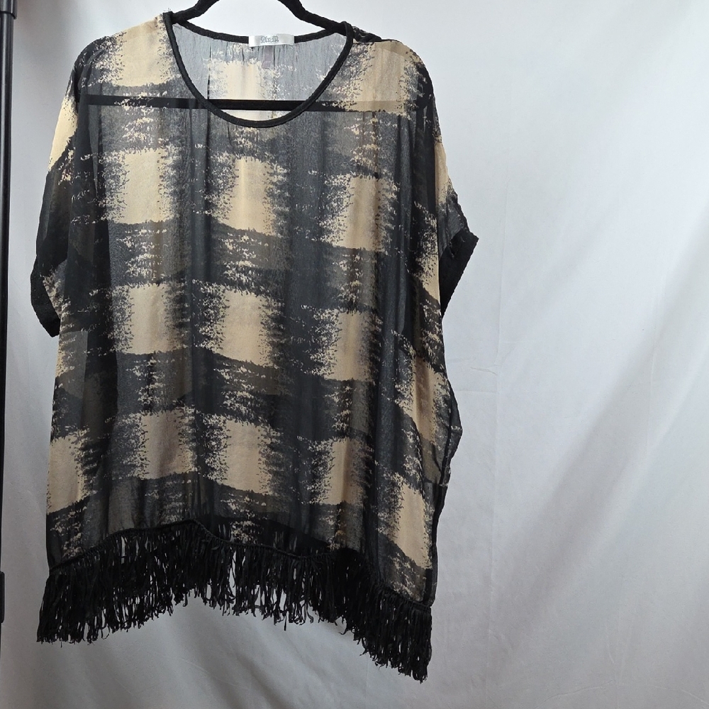 AnM Womens Sheer Top Geometric Pattern Oversized Fringe